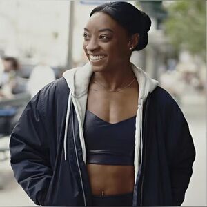 Athleta x Simone Biles Sateen Bomber Jacket Navy Blue Size Medium
